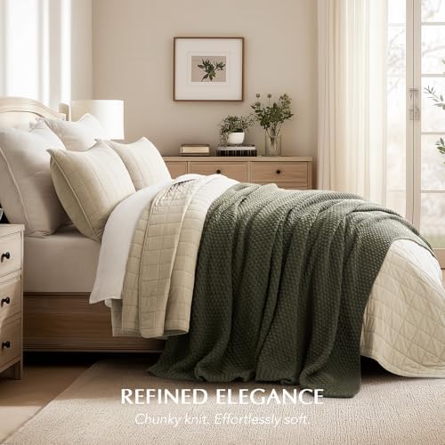 EVERGRACEHOME Chunky Chenille Knit Throw Blanket, 90 x 90, Olive Green