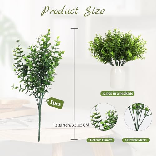 RECUTMS Artificial Boxwood Stems Fake Eucalyptus Plants UV Resistant 12Pcs
