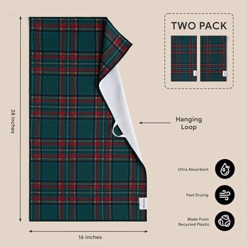 RECYCO Christmas Waffle Kitchen Towel Set of 2 - Quick Dry Microfiber Sustainable Dish Towels - Ultra Absorbent Reusable Cleaning Tea Towels - Lightweight Hand Towels,16”x 28”, Stewart Plaid Green