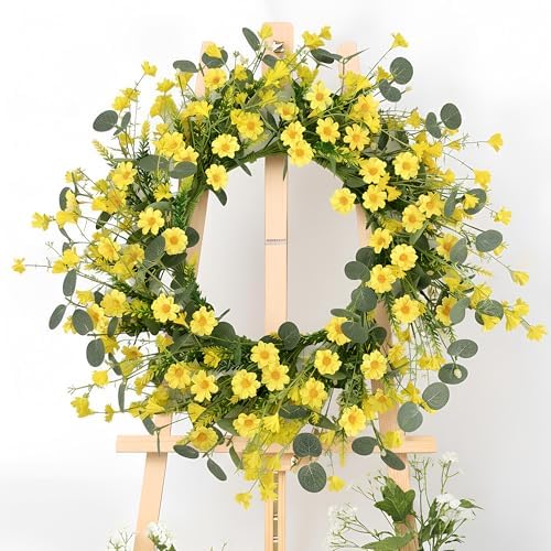 Pinkpum 22" Daisy Eucalyptus Wreath for Front Door, Artificial Spring Summer Floral Wreath for Front Door, Home