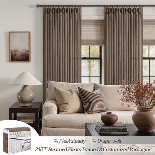 Extra Long 108 Inch Dark Brown Floor to Ceiling Curtains for Living Room, Memory Shape Pinch Pleated Thick Linen Modern