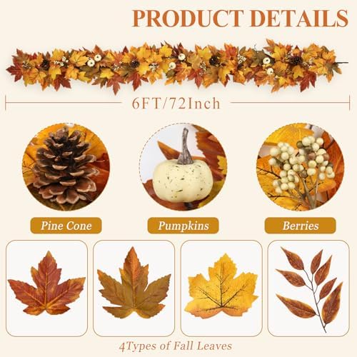 6 FT Lighted Fall Garland with Lights Pumpkins Automatic ON/Off