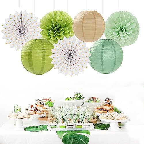 Olive-Sage Green-Boho Party-Decorations Streamers-Lanterns - 14pcs Baby Bridal Shower Wedding Paper Fan, Eucalyptus Wild Safari Jungle Birthday Tissue Pom Poms, Honeycomb Balls Decor Lasting Surprise