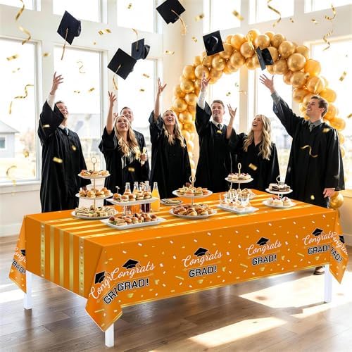 Childom 3 Pack Graduation Tablecloth,Graduation Decorations 2026 Graduation Party Decoration,54"x108" Orange and Gold Graduation Tablecloth,Disposable Plastic Tablecloth Rectangle for Graduation Party