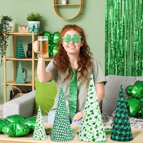 6 Pcs 12" 10" 6" St. Patrick's Day Cone Tree Centerpiece Decoration Lucky Irish Shamrock Tabletop Sign Green Shamrock Tiered Tray Table Decor for Saint Patrick Party Fireplace Home Ornament