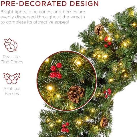 Best Choice Products 30in Pre-Lit Christmas Wreath w/Berries & Pinecones, Large Artificial Indoor/Outdoor Decor for Door, Mantel, Plug-in