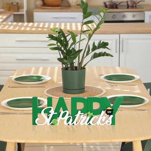 COCHIE Wooden Happy St. Patrick's Day Sign, Green Saint Patrick Decorations for Home, Office, Shelf, Mantel, Indoor, Wood Shamrock Decor, Lucky Pot of Gold Table Top Party Decoration (Green)