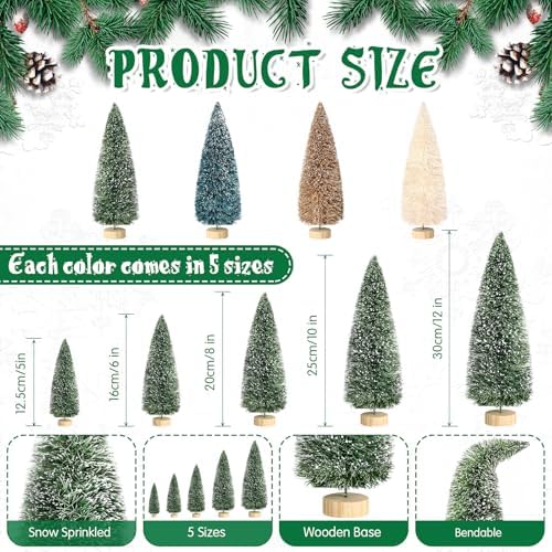 Vinsot 20 Pcs Bottle Brush Christmas Trees Miniature Tree, Green,Gold
