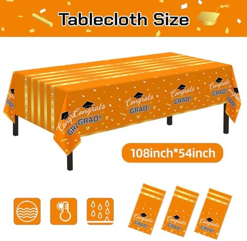 Childom 3 Pack Graduation Tablecloth,Graduation Decorations 2026 Graduation Party Decoration,54"x108" Orange and Gold Graduation Tablecloth,Disposable Plastic Tablecloth Rectangle for Graduation Party