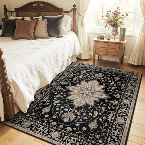 RELEANY Washable Area Rug, 4'x6', Black/Neutral