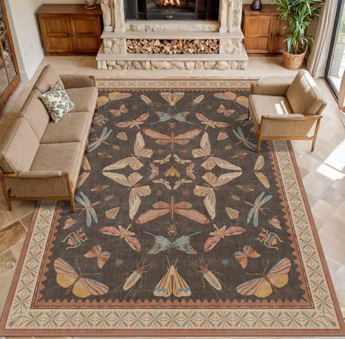 Brown Large 8x10 Living Room Area Rug, Unique Washable Insect Rugs for Bedroom, Stain Resistant Farmhouse Carpet for