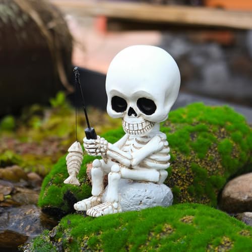Fishing Skeleton Statue with Rotating Head Funny Halloween Decor, 3.8 Inch Cute Sitting Skull Figurine Resin Sculpture for Outdoor Garden Yard Lawn Pond Pool Ornaments