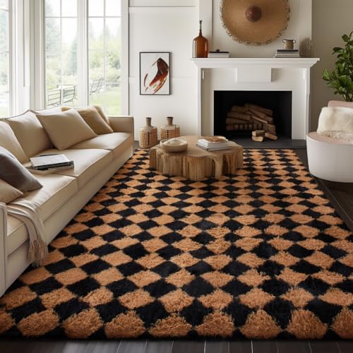 Ophanie 8x10 Black & Beige Diamond Checkered Rugs for Living Room Bedroom,Large Rhombus Fluffy Soft Fuzzy Area