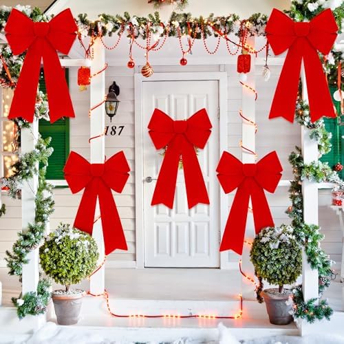 Heartome 4 PCS Red Bows Christmas Decorations, 12 x 18 Inches Outdoor Christmas Bows, Red Velvet PVC Hanging Large Xmas Decor Indoor Outdoor Velvet Xmas Party Supplies for Wreath Stairs