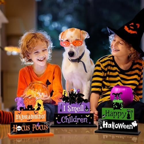 Halloween Hocus Pocus Table Signs Wooden Decor, 3PCS Witch Halloween Table Signs I Smell Children Freestanding Tabletop Decorative Signs, Spooky Tiered Tray Centerpiece Indoor Home Decorations
