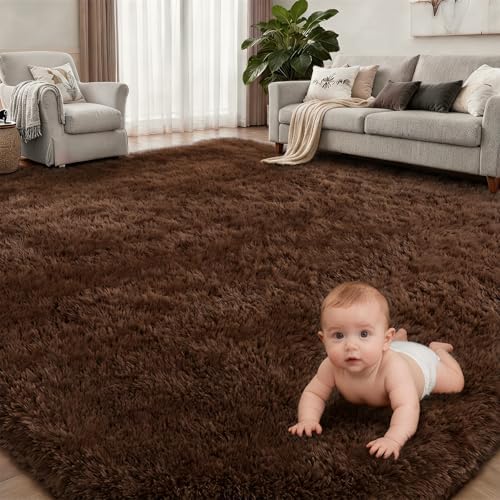 Area Rug Living Room Bedroom: 5x7 Fluffy Plush Shag Carpet Brown