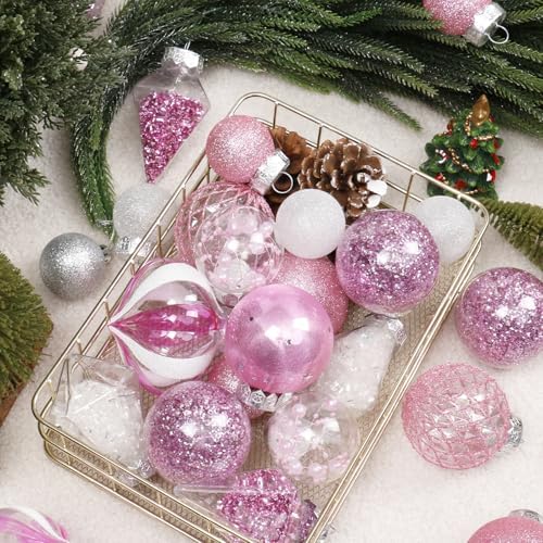 34PCS Pink/White Christmas Ball Ornaments Set for Tree Decor