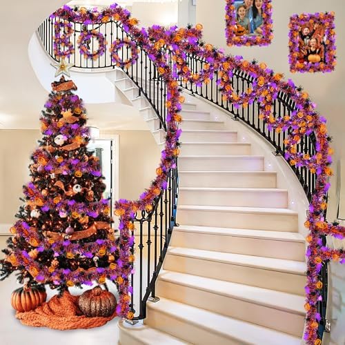 50FT Halloween Tinsel Garland with Orange Pumpkin Black Spider Purple Bat