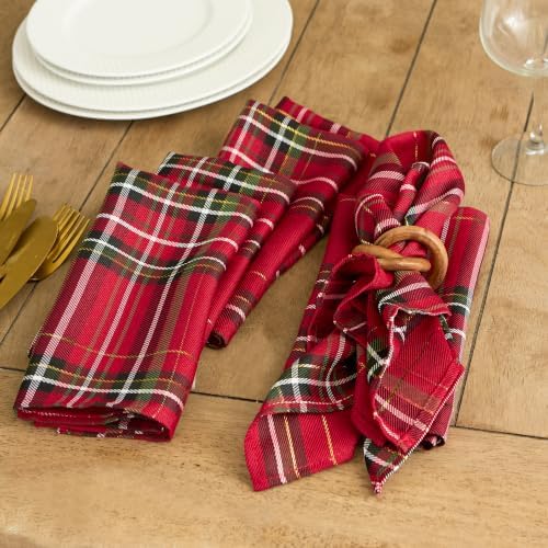 DII Holiday Dining Table & Kitchen Décor Metallic Fabric, Christmas Napkin Set, 20x20, Red Tartan Plaid, 6 Piece