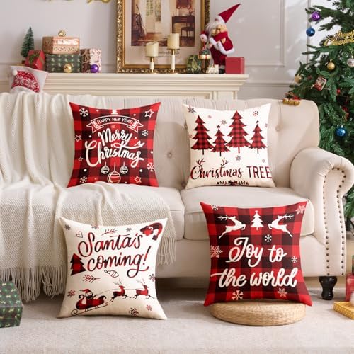 Plaid Christmas Pillow Covers 18x18 Buffalo Check Set of 4 Red Black Christmas Decorations Farmhouse Throw Pillow Covers Winter Holiday Linen Cushion Case for Home Sofa Couch Bed Chair