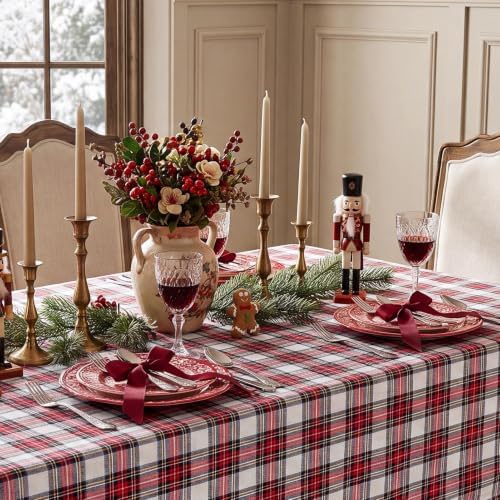 Romanstile Christmas Checkered Tablecloth Rectangle, Red White, 54 x 96