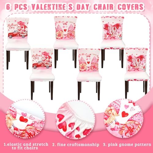 Preboun Valentine's Day Chair Covers Set of 6 Valentines Dining Protector Stretch Red Heart Removable Washable Valentine Gnome Red Truck Slipcovers for Dining Hotel Party Wedding