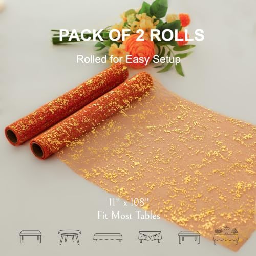 Snowkingdom 2Pcs Burnt Orange Gold Table Runner Fall Thanksgiving Decor