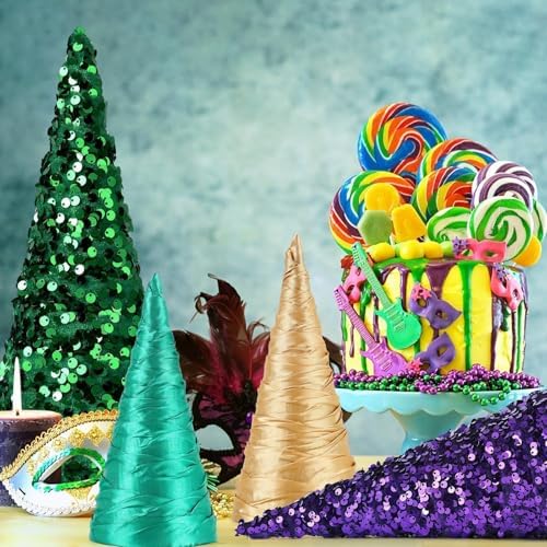 6 Pcs 12" 10" 6" Mardi Gras Table Centerpieces Mardi Gras Tiered Tray Signs Cone Tree Ornament Gold Green Purple Table Tree Decor for Mardi Gras Carnival Party Supplies and Decors