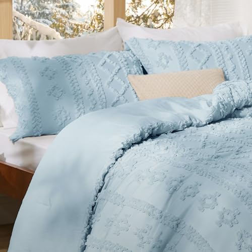 Bedsure Tufted Boho Comforter Set Twin Size - Sky Blue Boho Bed Set, GentleSoft™ 2 Pieces Farmhouse-Style Embroidery