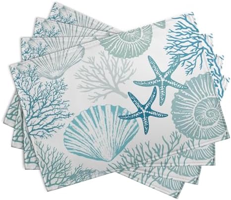 Nautical Coastal Blue Placemats Set of 4 Summer Teal Turquoise Beach Theme Linen Table Mats Ocean Coral Seashell Starfish Decorative Place Mats for Party Kitchen Dining Outdoor Indoor Decor