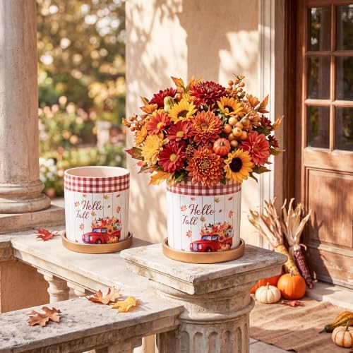 2 Pack Mini Fall Planter 4.3" Ceramic Hello Fall Succulents Pots with Tray