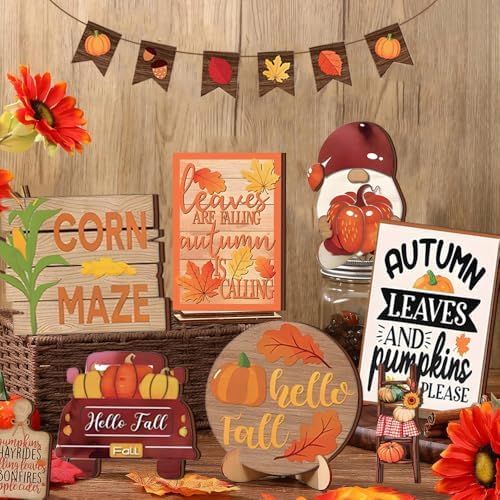 Nialnant 15 Pcs Fall Tiered Tray Decor, Fall Tiered Tray Decorations Set, Table Centerpieces Decorations for Home, Leaves Gnome Wooden Sign Plaques Thanksgiving Decorations Indoor