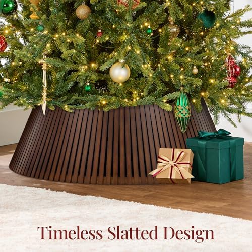 Best Choice Products Christmas Tree Collar, Solid Wood Slatted Tree Skirt Holiday Accessory for Home - Walnut