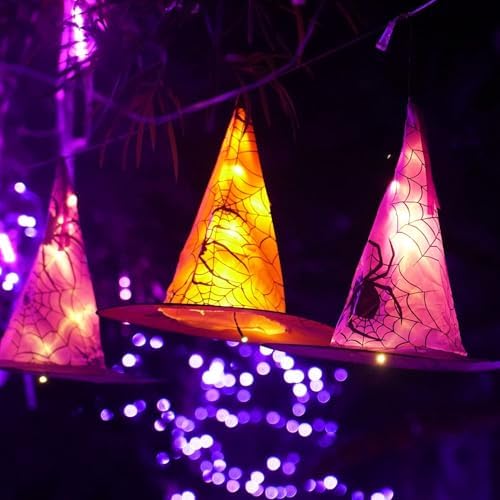 FUNPENY 2 Pack Halloween Decoration Lights, 8 PCS Waterproof Hanging Witch Hat with String Lights with Remote, Hanging Halloween Decorations for Indoor Outdoor Garden Yard Party Decor