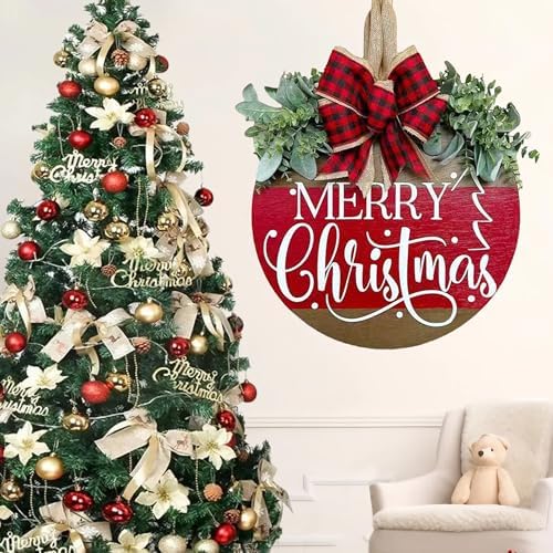 Christmas Wreath, Christmas Wreaths for Front Door, Merry Christmas Front Door Wreath Sign Porch Decorations Hanger