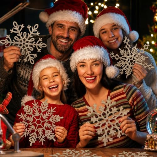 8pcs Large Champagne Gold Snowflakes Ornaments 12” Big Plastic Glitter Snowflake for Winter Indoor Outdoor Christmas Tree Window Room Decorations Giant Craft Snowflakes