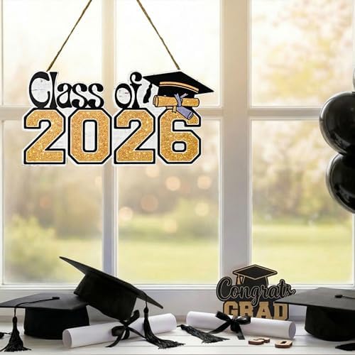 Smile Class of 2026 Graduation Wooden Door Hanger, Black & Gold Glittered Grad Cap & Diploma Front Door Sign for Graduation Party Decorations