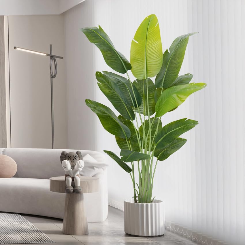 Artificial Bird of Paradise Plant 6.5Ft Tall Fake Tropical Palm Tree Large Fake Plants with 15 Silk Banana Leaves Faux