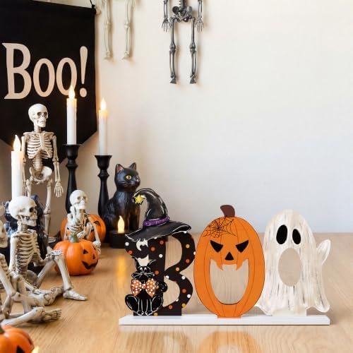 Smile Halloween Wooden Standing Decor Set Ghost Pumpkin and Black Cat