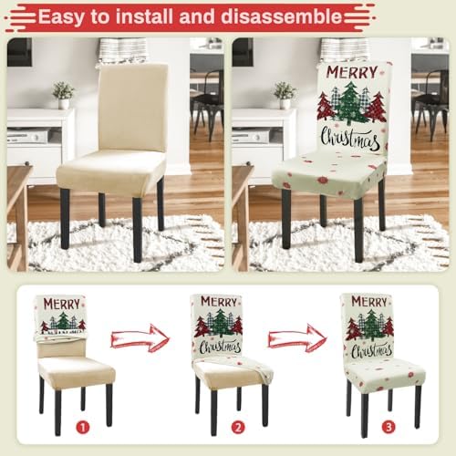 Christmas Chair Covers Set of 6 Xmas Tree Snowflakes Buffalo Plaid Stretch Parsons Chair Slipcovers for Winter Christmas Dining Room Decor Chair Seat Protectors(Christmas Red,6PCS)