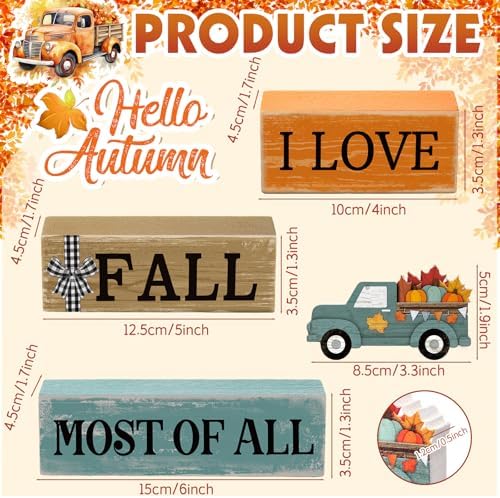 Moucuny 4 Pcs Fall Truck Table Decor, I Love Fall Wood Block Sign Home Tray