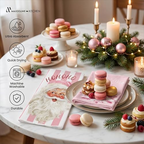 Pink Christmas Kitchen Towels, 20 x 27.5 inches Snowman Santa Decoration Christmas Hand Towels, Set of 4 (Pink)