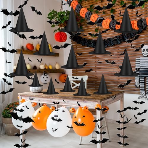 Famoby 12pcs Halloween Black Witch Hat with 157 FT Nylon Cord &120pcs Bat Sticker for Indoor Outdoor Home Yard Porch Ceiling Halloween Party Decorations