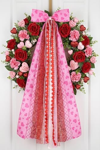 Valentine's Day Wreath Sash for Door, Large Bow Decoration with Metal Clip, 9 Ribbon Swag for Wreath, Front Entry, Fireplace, Fence - Pink Red Love Heart Bow Valentine Decor