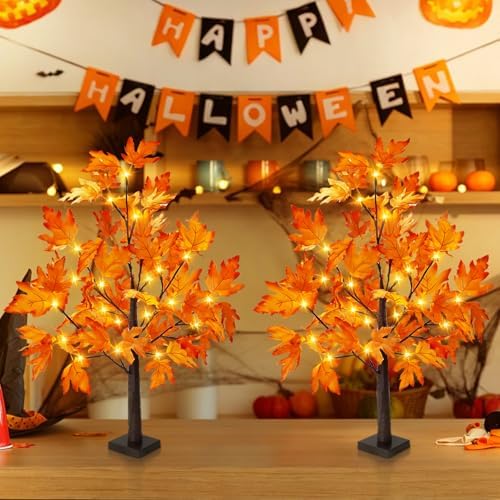 2 Pack 2FT Fall Decorations for Home Artificial Fall Lighted Maple Tree