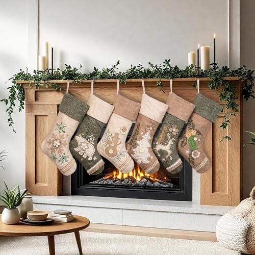 LUBOT 4 Pack Christmas Stockings Set of 4 Large Family Xmas Stocking Woolen Embroidered 20" Modern Rustic Farmhouse Country Rope Fireplace Hanging Holiday Decor