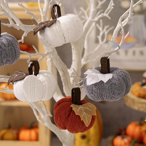 Knitted Fall Decor Pumpkins, Set of 3 Mini Rustic Tabletop Fall Ornaments