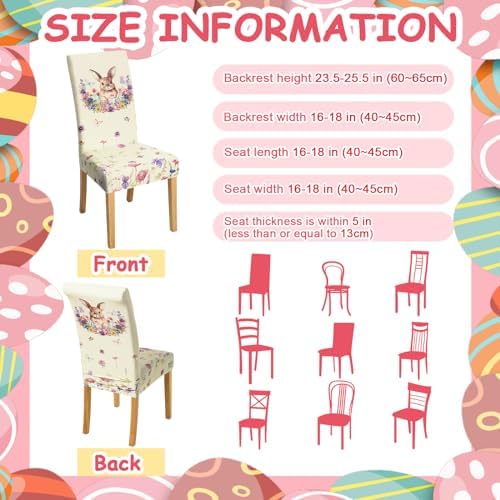 Hosuly 6 Pcs Easter Chair Covers Print Bunny Egg Flower Removable Seat Covers for Home Easter Spring Restaurant Decor or Hotel Restaurant Party Banquet