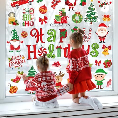 Whaline 9 Sheets Christmas Window Cling Stickers Xmas Santa Reindeer Cartoon Reusable Window Decals for Holiday Party Home Office Classroom Decoration
