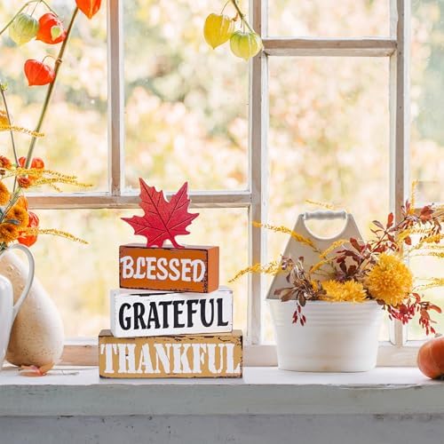 OLANRUN Thanksgiving Fall Decorations for Home, 4 PCS Wooden Fall Table Decor with Letter, Handmade Crafts Autumn Thanksgiving Decor Indoor for Office Farmhouse Home Bedroom Kitchen Mantel Tiered Tray